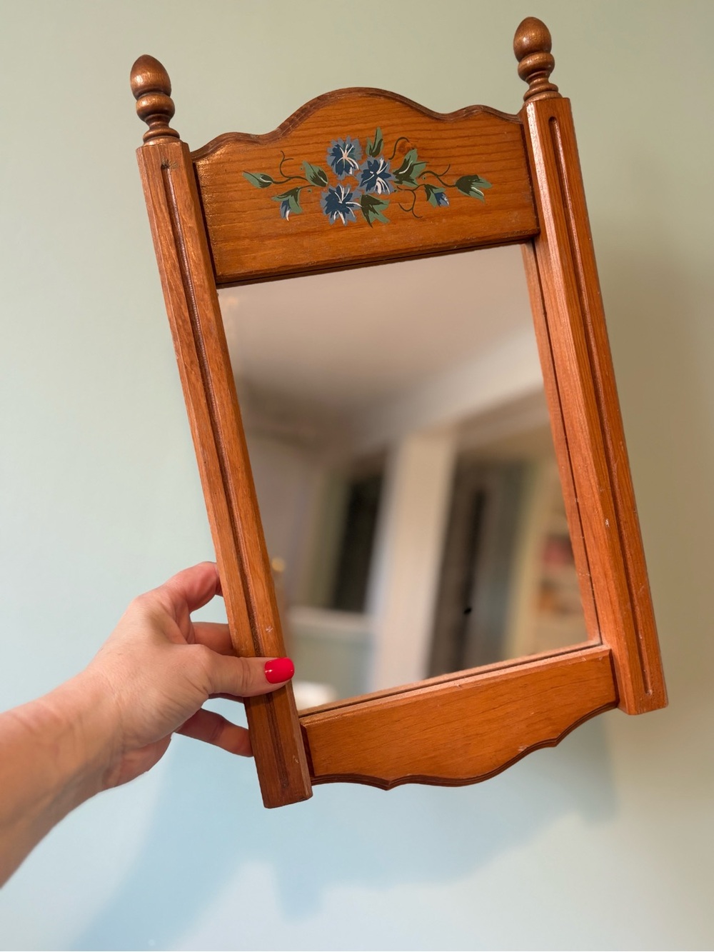 Vintage handpainted blue floral wood mirror